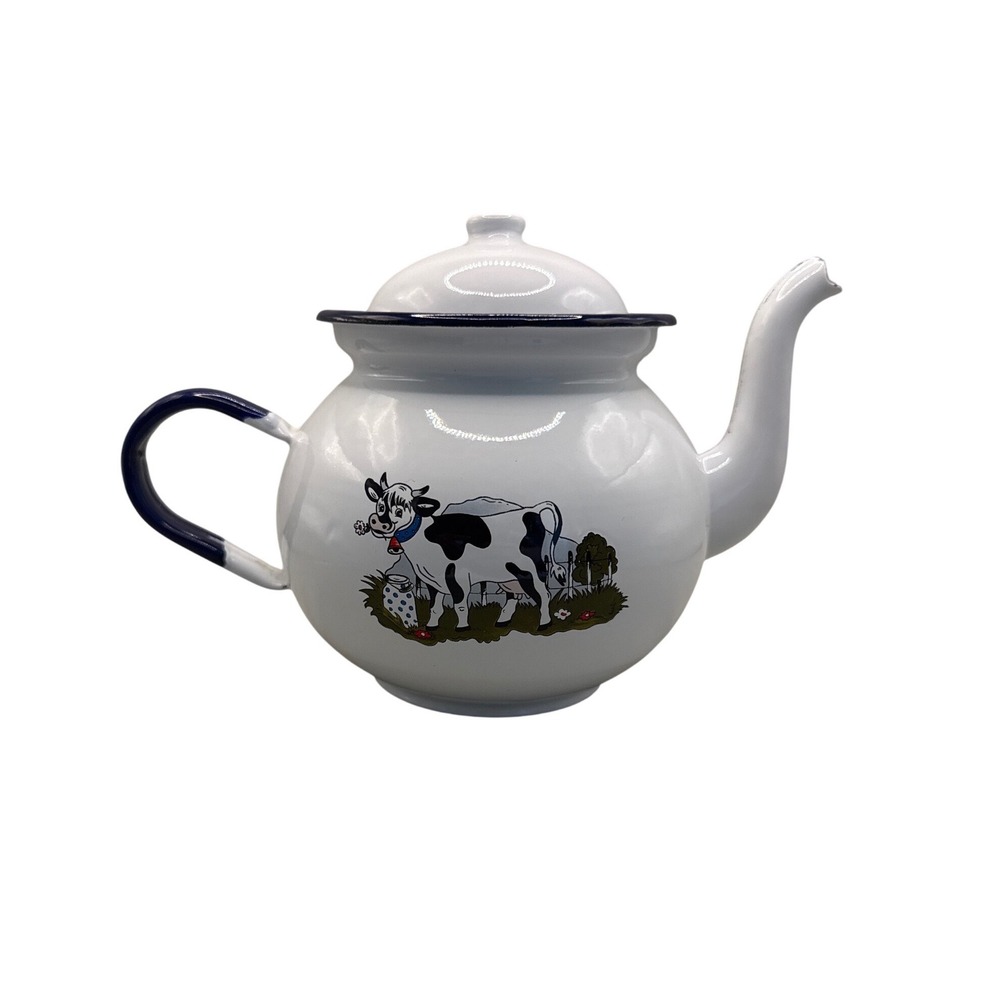 Munder-Email Vintage Enamel Teapot  Cottagecore Blue and White Kettle Germany